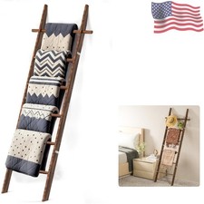 Farmhouse Wooden Blanket Ladder with Removable Hooks, 6-Tier Rustic Blanket R...
