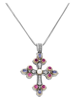 Konstantino 18K, Silver, Stones & MOP Cross Pendant & Chain STMK6899-999-CAB+CUT