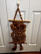 Vintage 1970's Macrame Owl Hanging Wall Art Jute Wood 20  