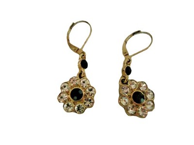 White & Green Earrings Crystal Floral Drop Goldtone Leverback 1.25 inch
