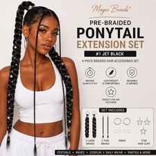 24" Braided Ponytail Extension 4PC Pre Braided Hair Set 1 Jet Black Rings