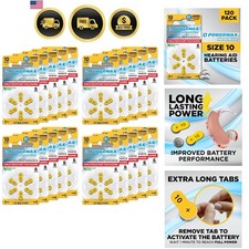 Size 10 Hearing Aid Batteries, 120 Count Long-Lasting Battery Pack, Yellow Lo...