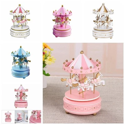 Plastic Carousel 4 Horse Merry-Go-Round Wind-Up Mechanical Music Box Kids Toy UK