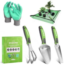 WORKPRO Aluminum Gardening Tool Set 5PC Powder Coating Repotting Mat Trowel Rake