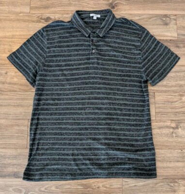 James Perse Polo Mens Heather Charcoal Green Stripe Cotton SS Button Up - 3