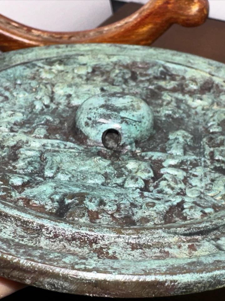 Chinese Bronze Archaistic Mirror With Wooden Stand~5 1/4” Diameter 7 3/4” Total - Image 2 of 4