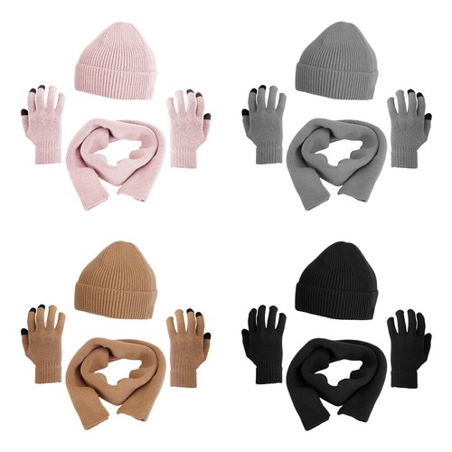 Winter Knitted Hat Scarf Gloves 3Pcs Winter Warm Beanie and Touch Screen Gloves - Picture 2 of 46