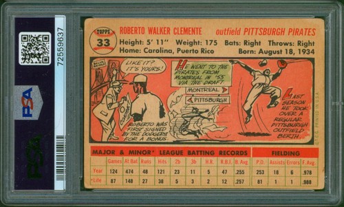 1956 Topps ROBERTO CLEMENTE #33 White Back Pittsburgh Pirates HOF Good PSA 2 SP - Picture 2 of 2