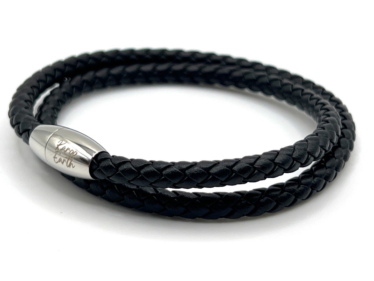 Mens Black Leather Wrap Bracelet With Stainless Steel Magnetic Clasp