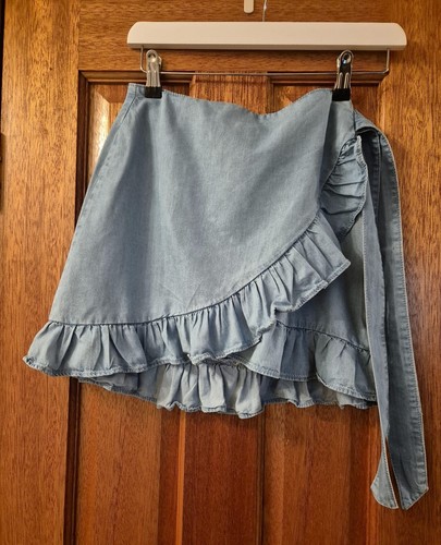 Denim look blue wrap beach cover up mini sarong tie layer frill side bow skirt 8