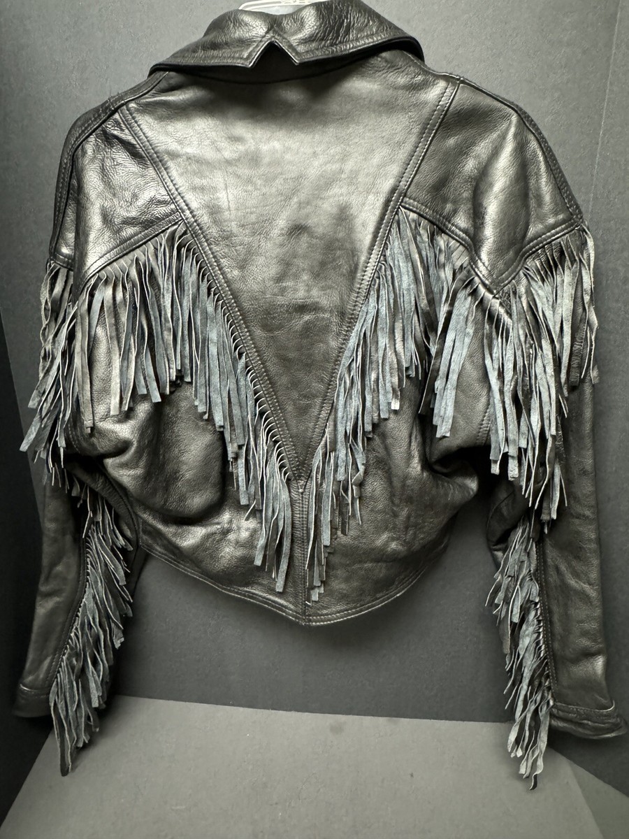 Vintage Black Fringe Leather Moto Jacket WM MD 70s 80s V