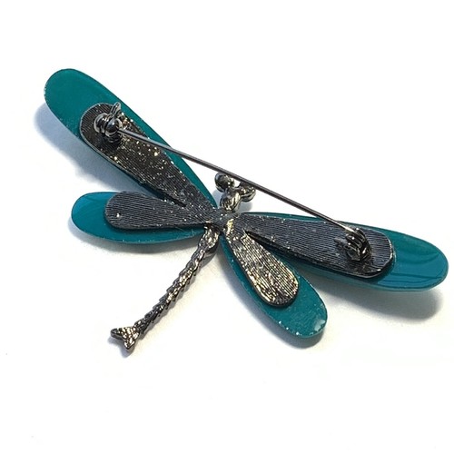 VINTAGE Lucite RHINESTONE DRAGONFLY PIN Teal Blue Black 3" - Picture 8 of 8
