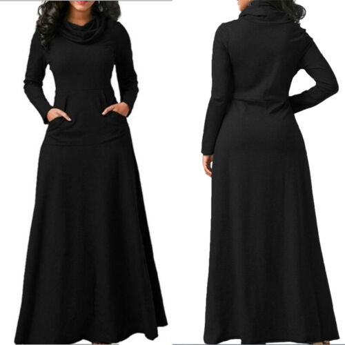 Womens Casual Pocket Maxi Dress Ladies Long Sleeve High Neck Pullover Dress - Picture 6 of 17