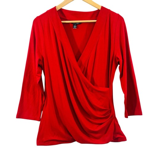 Lauren Ralph Lauren Top Womens L Red V Neck Faux Wrap Peplum Stretch Casual