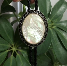 Mother of Pearl Mens Bola Bolo Tie Wedding Necklace Western Cowboy PU Leather