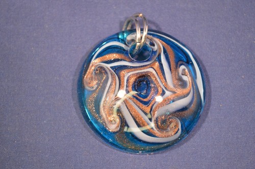 Blue Sparkle Swirl Glass Necklace Charm,2",Preowned