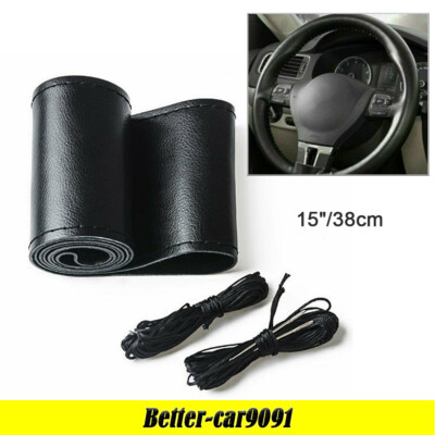 15''/38cm Genuine Leather Car Steering Wheel Cover Neddle and Thread DIY Black