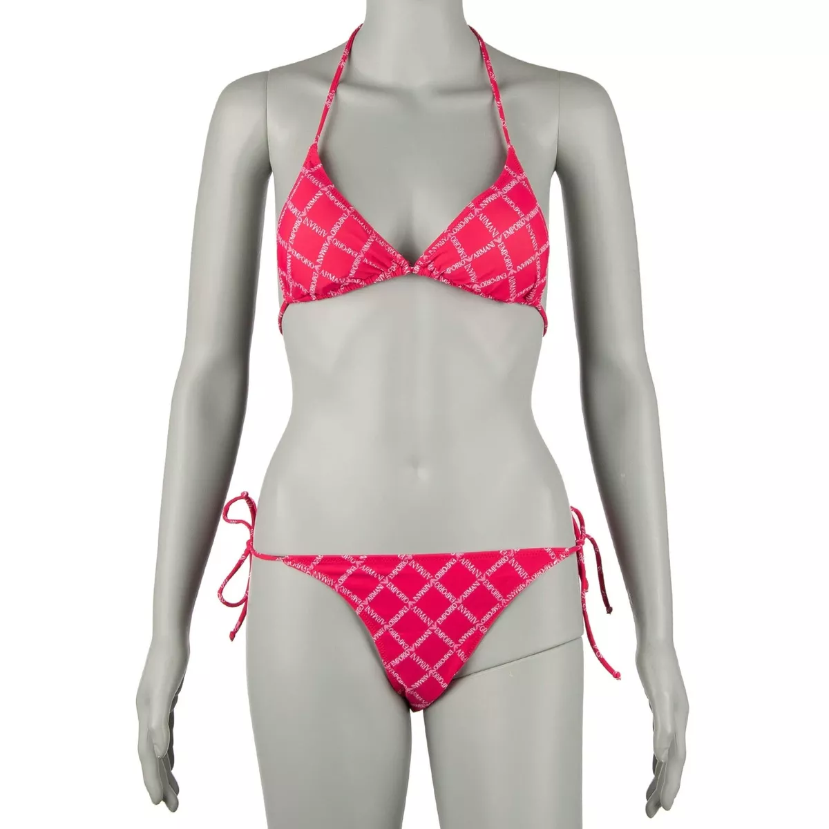 EMPORIO ARMANI Swimwear Triangle Bikini Bra Brief Logomania Print Pink 11405