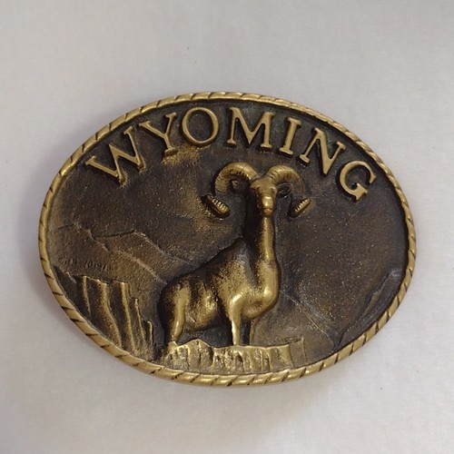 Wyoming Big Horn Sheep massive Messing Gürtelschnalle, 1977, 3 1/4"