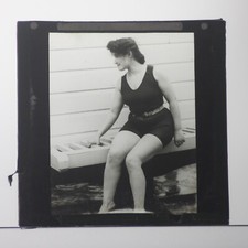 MAGIC LANTERN SLIDE VICTORIAN BATHER SWIMMING IN SEA WITH CHANGING HUT