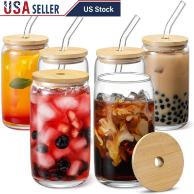 6Pc Clear Glass Cups Set Bamboo Lids W/ Glass Straws Brushes 16oz Bubble Tea New