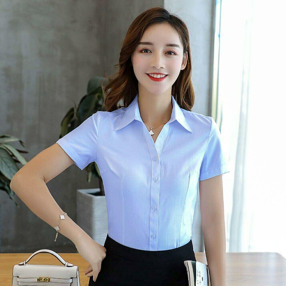 Blusas De Algodón Para Mujer Camisa De Manga Corta Moda Oficina Elegante  Trabajo | eBay