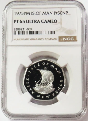1975 PLATINUM 600 MINTED ISLE OF MAN 50 NEW PENCE NGC PROOF 65 ULTRA CAMEO