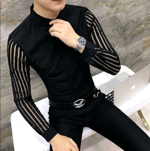 Mens Lace Sleeve Button Front Slim Fit 