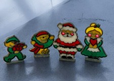 Vtg Christmas Sun Catchers Stained Glass Elves Santa Mrs Claus Standing Set Of 4