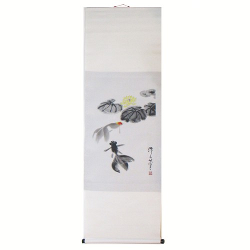 Chinese Silk Painted Scroll, Koi Goldfish in Pond w/Box 12-1/4" Wide, 40" Long - 第 1/12 張圖片