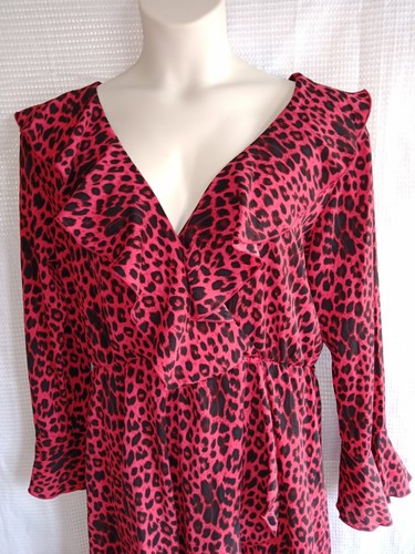 Lipsy Red Black Leopard Wrap Ruffle Dress 18 Long Sleeve Never Worn New - Picture 2 of 11
