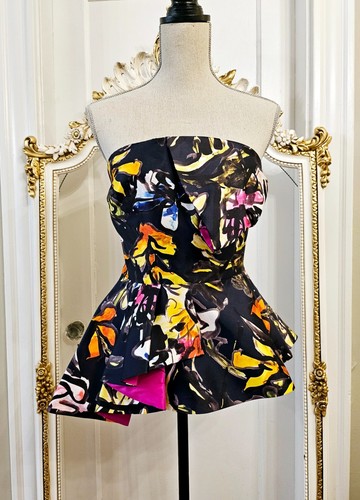Neu mit Etikett $ 2,5 K Oscar de la Renta Seide Blumendruck High-Low Korsett TOP, Größe 4