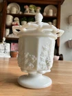 Vintage Westmoreland Paneled Grape Milk Glass Lace Edge Pedestal Compote Jam Jar