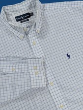 Vintage Ralph Lauren Shirt Men's XL 17 White Blue Check Yarmouth Button Down