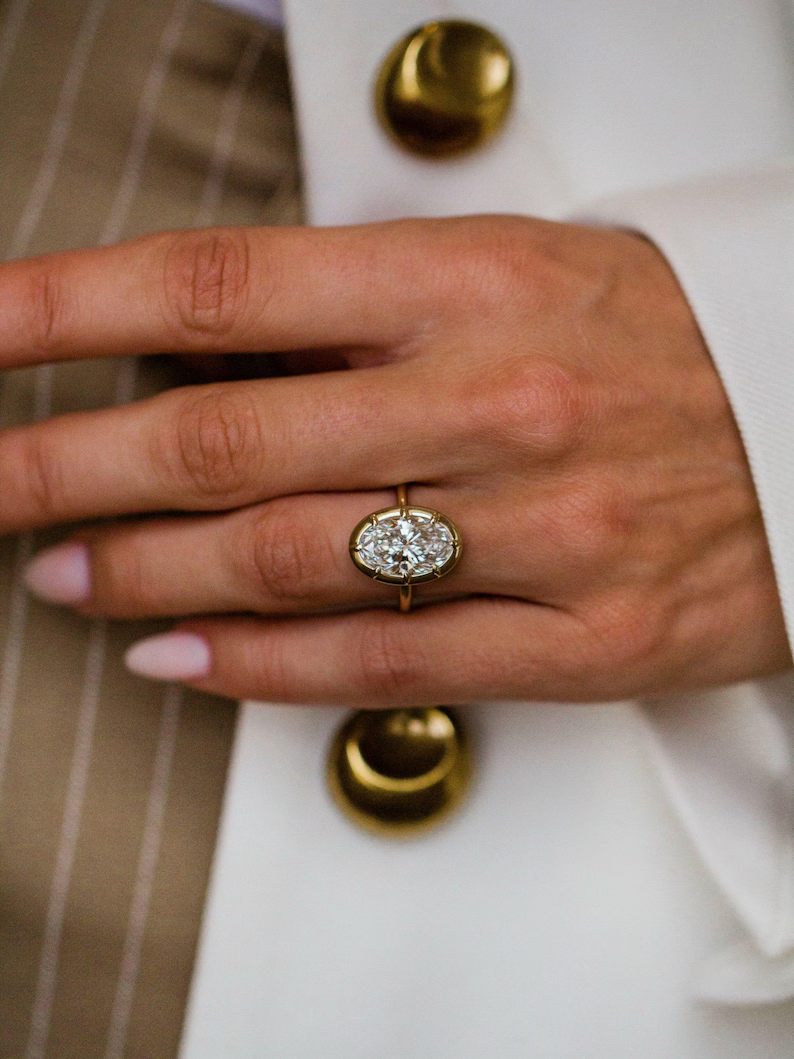4ct Oval Cut Real Moissanite Bezel Set Engagement Ring 14K yellow Gold ...