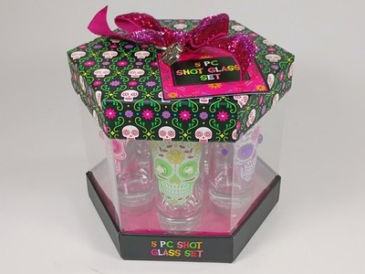 Sugar Skull Day of The Dead 2oz. Shot Glasses w/ Rhinestone Eyes. Gift Set of 5.