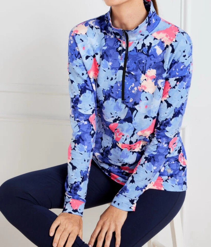T by Talbots 3X Sudadera Mujer Azul Rosa Pintado Floral Media Cremallera UPF 50 Foto 2 de 4