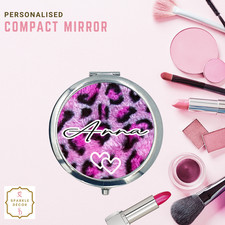 Personalised Compact Mirror Leopard Fur Handbag Pocket Birthday Christmas Gift