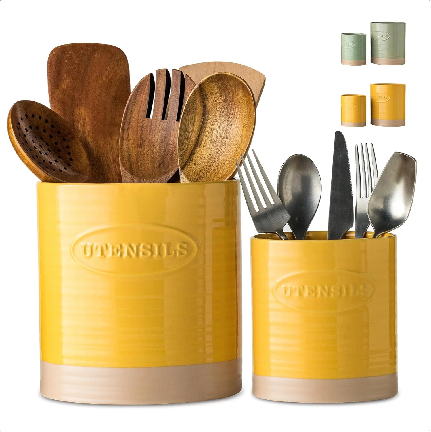 Kitchen Utensil Holder Set of 2, Ceramic Utensil Holder for Kitchen Counter, 6.7