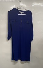 Emma & Michele Womens Blue Long Sleeve Slinky Zipper V-Neck Shift Dress Size PM