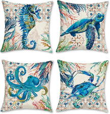 Nautical Coastal Ocean Throw Pillow Covers 18 x 18 Inch Set of 4 Sea Turtle S...