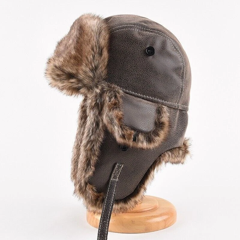 Gorra de aviador rusa Ushanka de cuero de mapache de invierno para hombre Foto 2 de 4