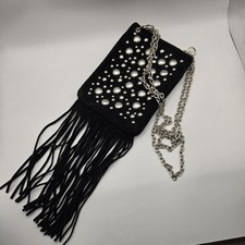 Suede Leather Black Fringe Studded Small Crossbody Bag w/ Silver Chain