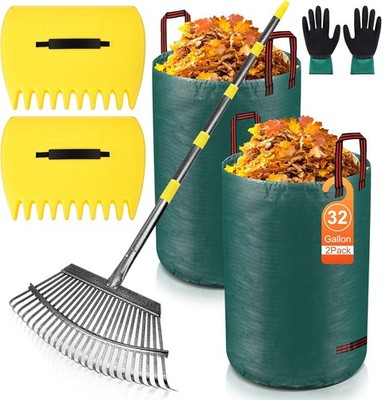 Adjustable Garden Leaf Rake Set, 18'' Wide, 25 Tines, 37-79'' Handle Metal Leaf Ra