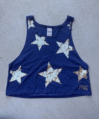 PINK Victoria's Secret Blue Sequin Star Cropped Tank Top Scoop Neck Size S