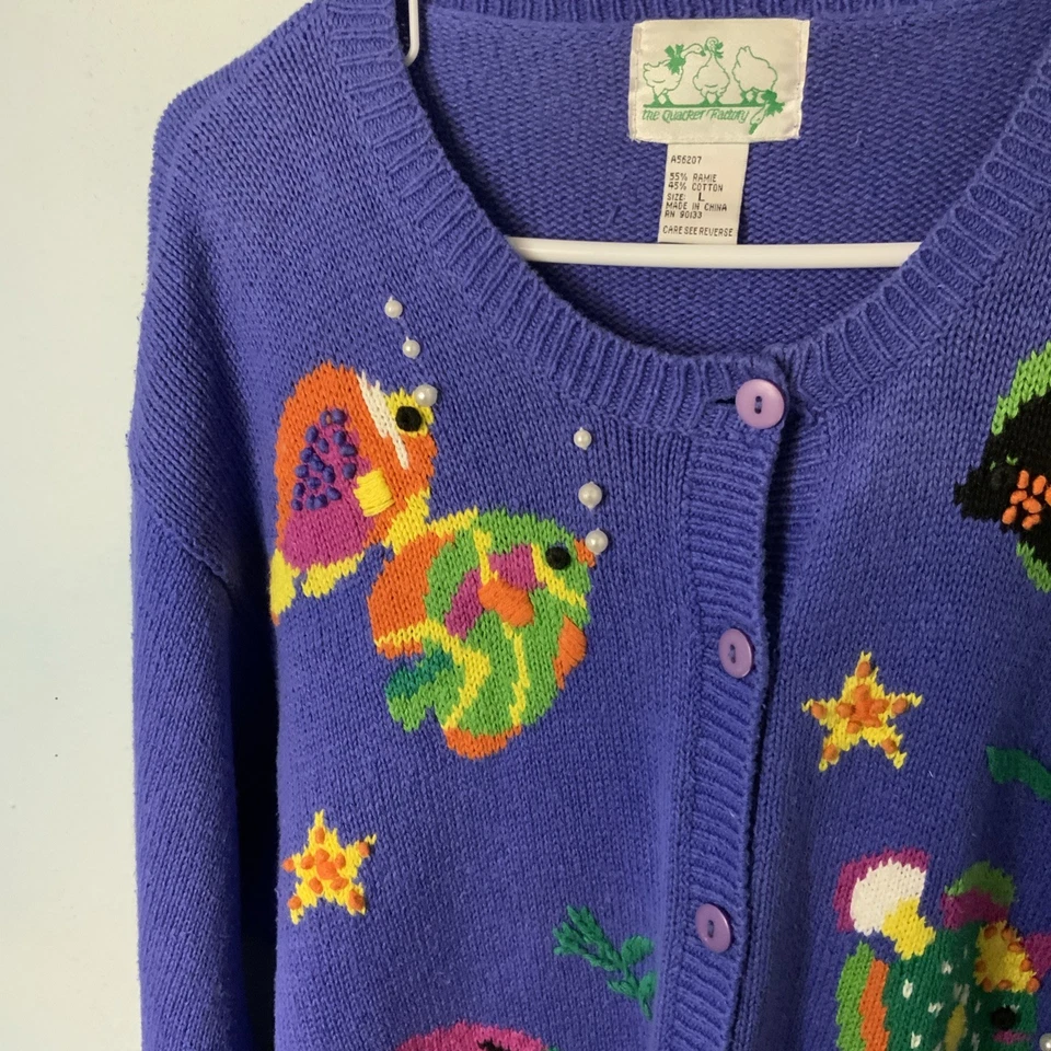 The Quacker Factory Woman's Large Knit Cardigan Sweater Ocean Fish Ocean Purple - Image 4 of 4