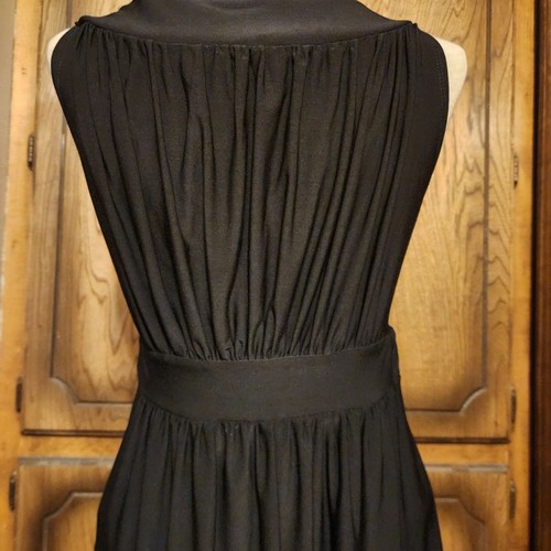 Black Sleeveless Midi Dress With Gold Geometric Embellished Neckline & Gathered - Picture 6 of 7