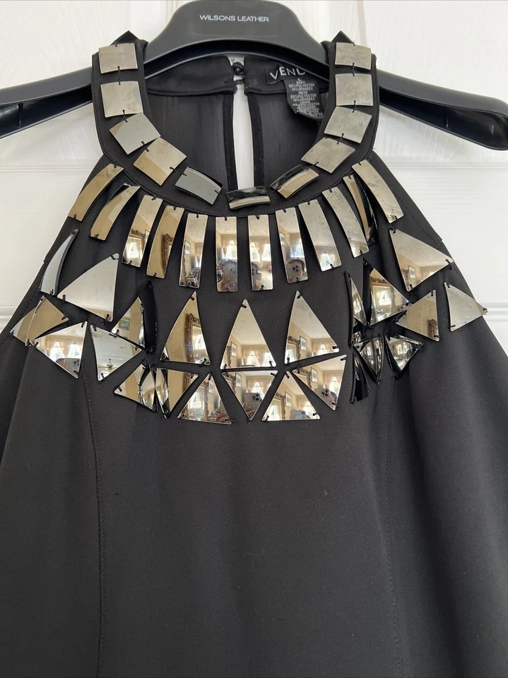 Vintage Black Sleeveless Scoop Neck Silver Embellished Cocktail Dress Med-Large  - Image 2 of 4