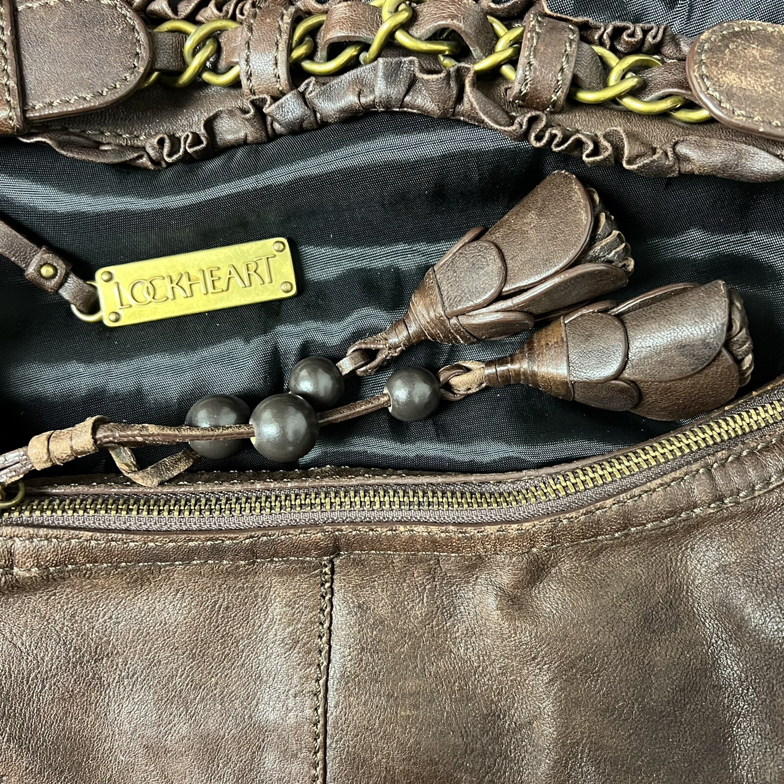 Lockheart Women's Brown Soft Leather Shoulder Purse Bag Chain Key Charm Ruffle image 6