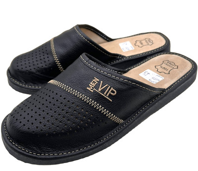   VIP Herren Leder Echtleder Hausschuhe Latschen Pantoffeln schwarz  40- 48